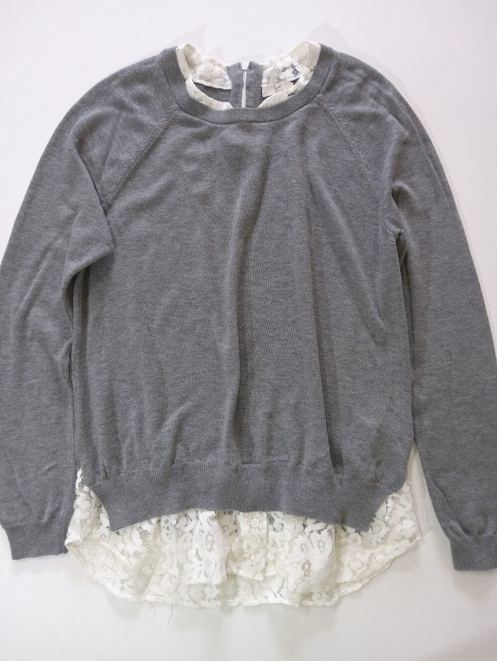 Joie Zaan K Layered Look Sweater Womens Medium Grey White‎ Trim Lace Wool Blend